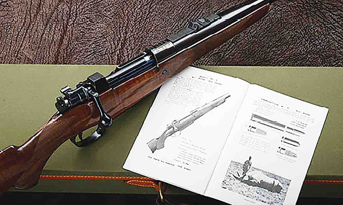 John Rigby introduced the .416 Rigby in 1911 on a magnum version of the Mauser 1898 action. It was officially described as “Model No. 5 416 Bore Big Game Rifle.” As illustrated in the brochure, factory ammunition loaded with cordite powder and three styles of 410-grain bullets were also introduced.